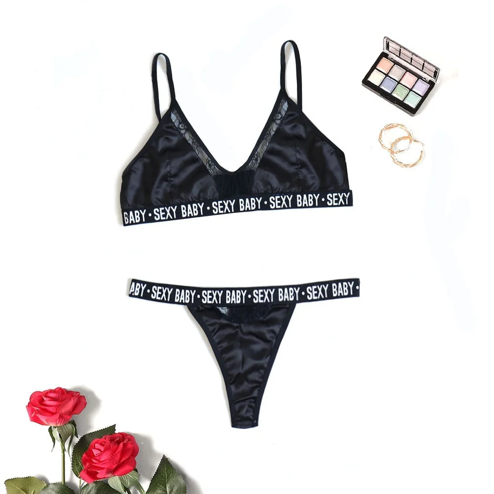 bra and panty set women's lingerie underwear set letters solid color patchwork sexy lingerie underwear thong set