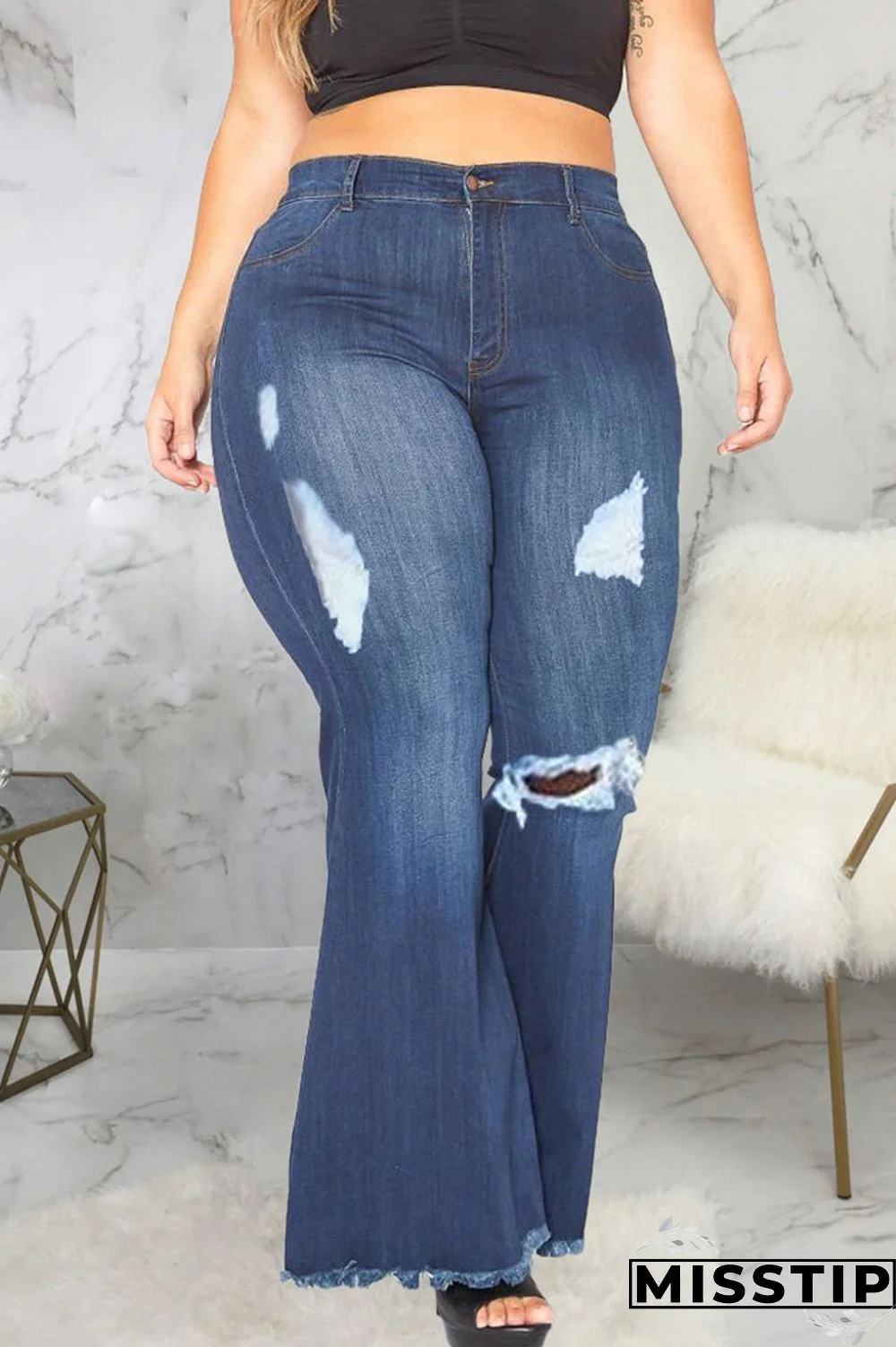 Dark Blue Sexy Solid Ripped Plus Size