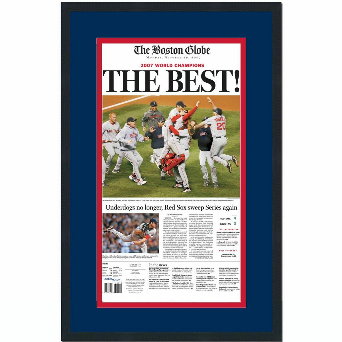 Framed Boston Globe The Best Red Sox 2007 World Series Newspaper 17x27 Photo Poster painting