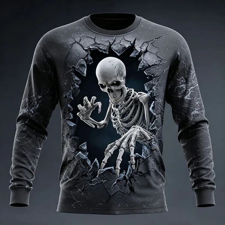 Men's Retro Halloween Skull 3d Print Long-sleeve T-shirt
