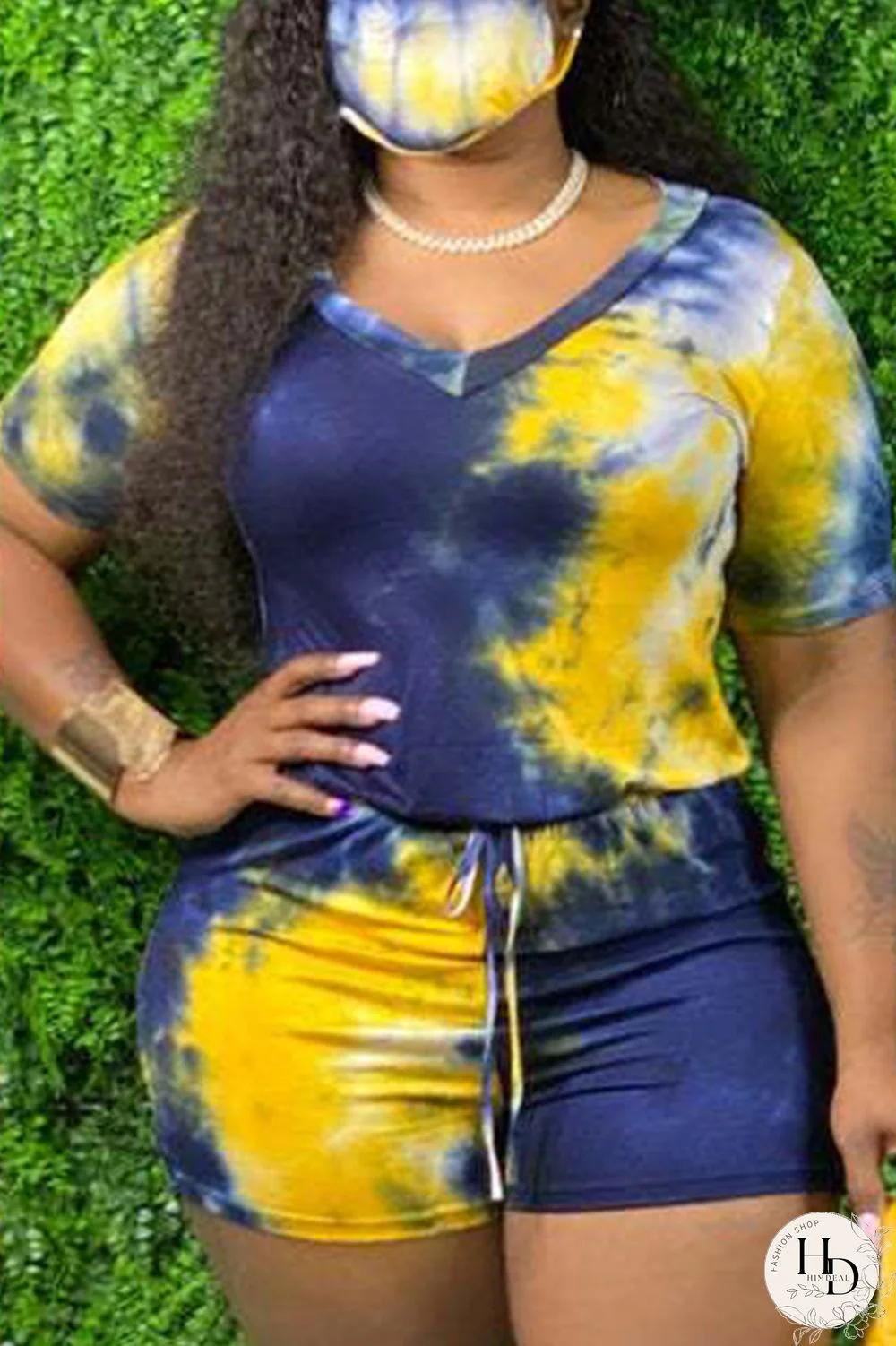 Blue Plus Size Fashion Sexy Casual Tie Dye Frenulum O Neck Plus Size Jumpsuits