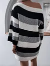 Off-The-Shoulder Contrast Color Striped Loose Long Sleeve Sweater Mini Dress