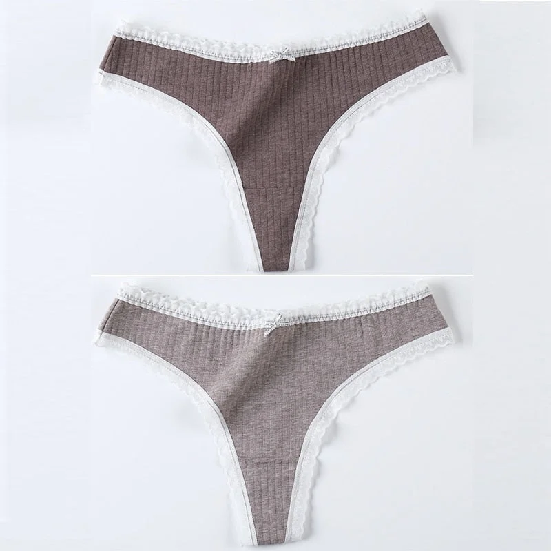 2 Pieces Women Panties Thongs Cotton Striped Underwear Comfortable Cute Low-Rise Ladies G-String Briefs Sexy Kawaii Lingerie