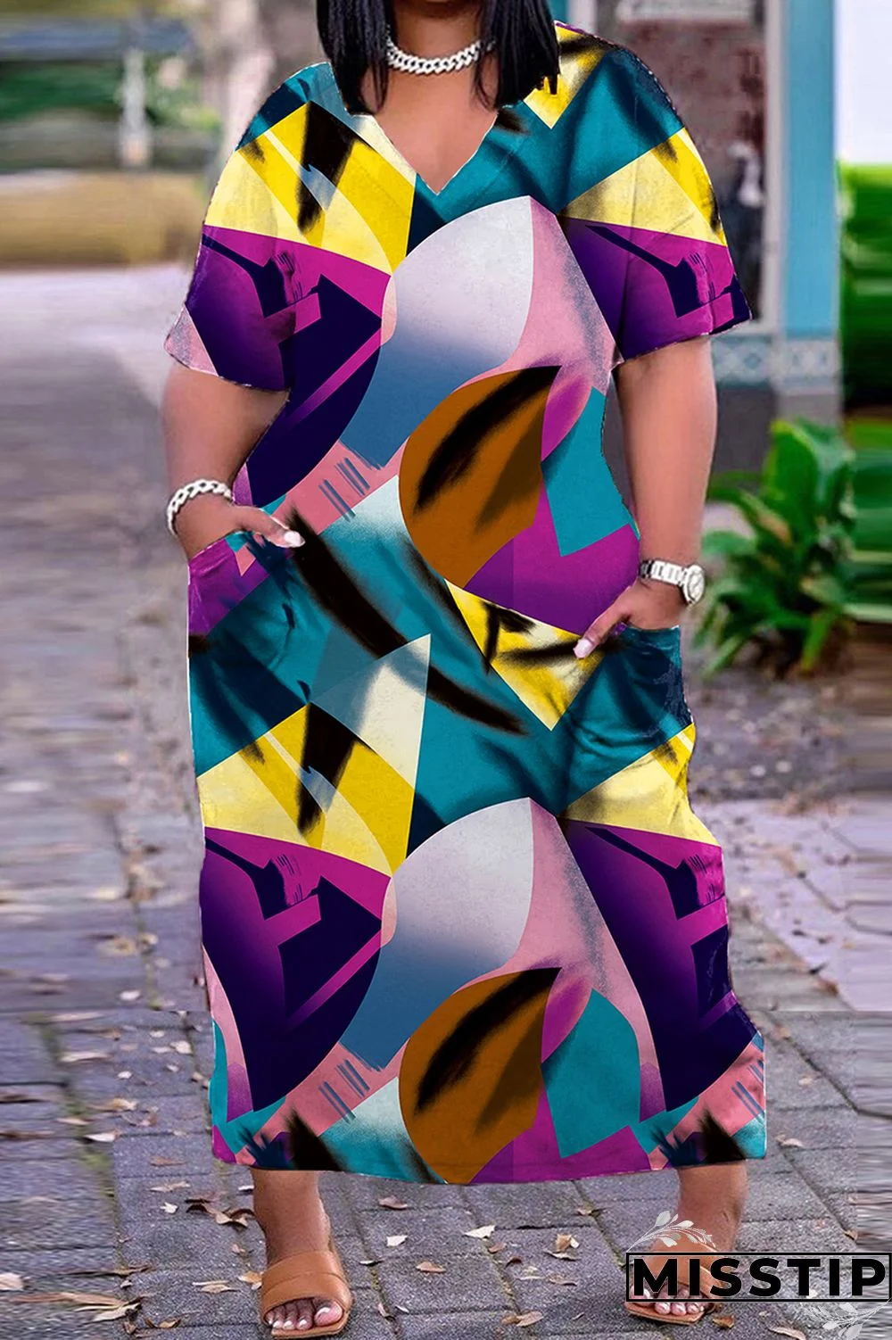 Dark Blue Casual Print Patchwork V Neck Short Sleeve Dress