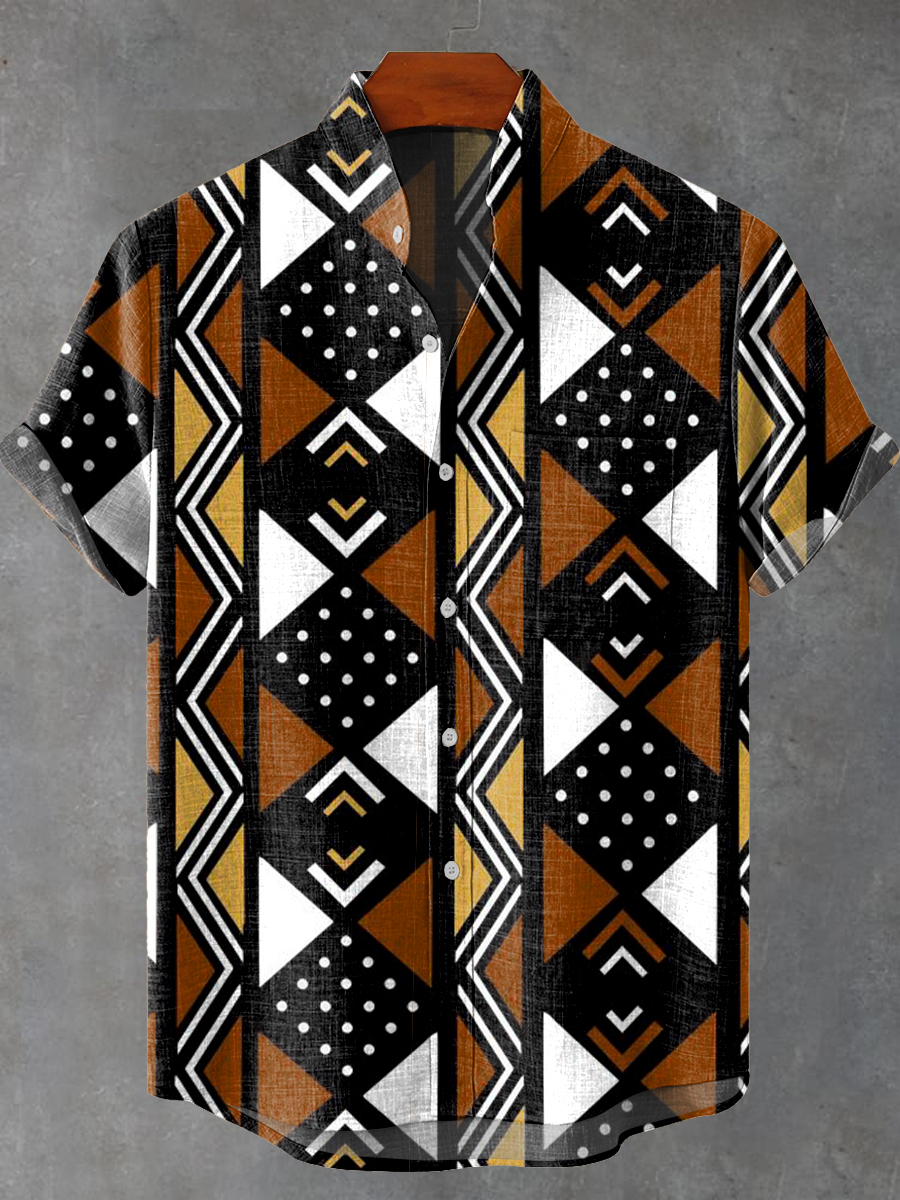 Vintage Africa Diamond Geometric Stripes Art Print Casual 100% Cotton Shirt