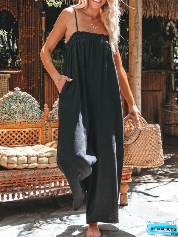 Loose High-Waisted Wide-Leg Suspender Jumpsuit