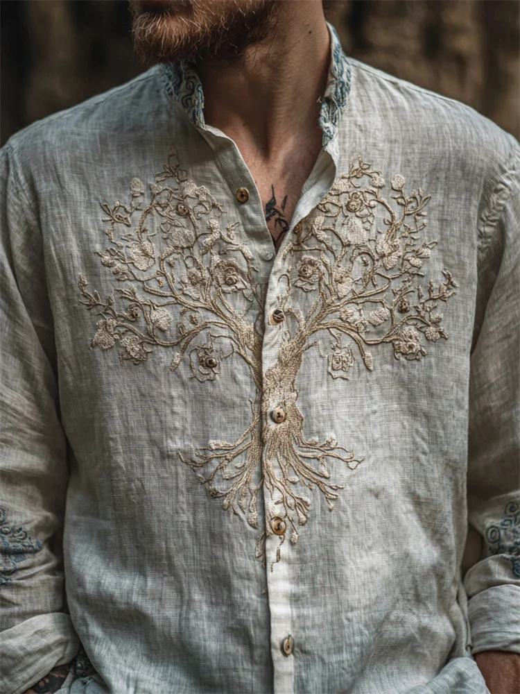 Men's Floral Tree Of Life Embroidered Gradient Flowy Linen Shirt