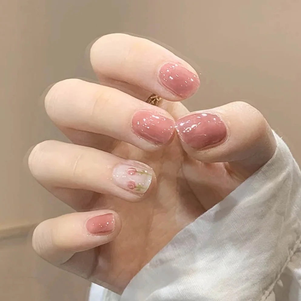 24pcs Fake Nails With Glue Tulip Printed Nude Color Type Removable Short Paragraph Fashion Manicure False Nails Patch DL-Nail Inspo
