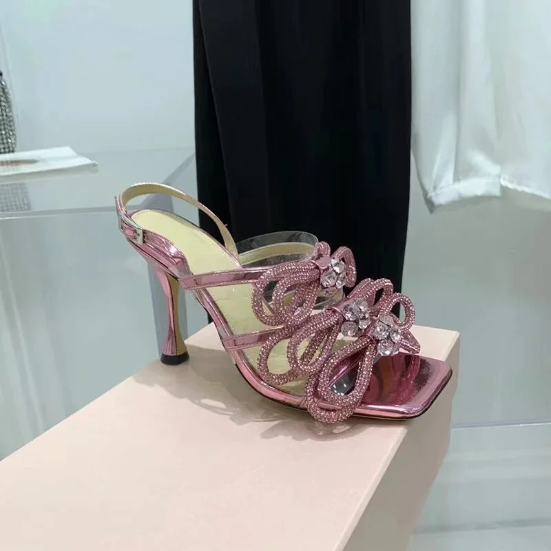 Qengg Bling Crystal Bow Women Sandals Fashion Slingbacks High heels Female Gladiator sandals Mules Summer Wedding Bridal Shoes