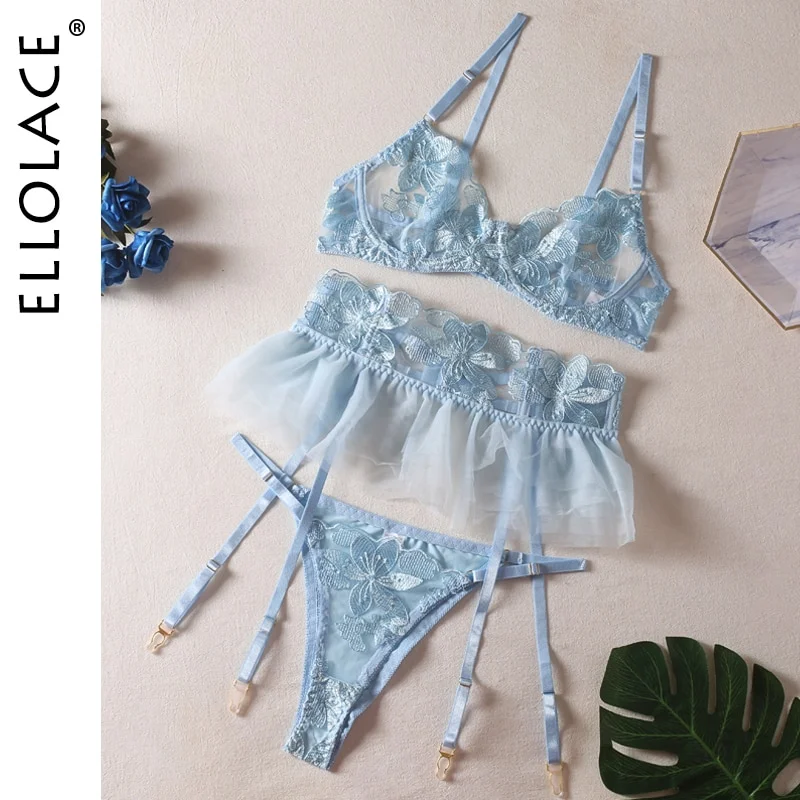 Billionm Ellolace Fancy Lingeries Luxury Lace Erotic Women's Underwear 3-Pieces Transparent Sexy Round Matching Intimate Free Shipping