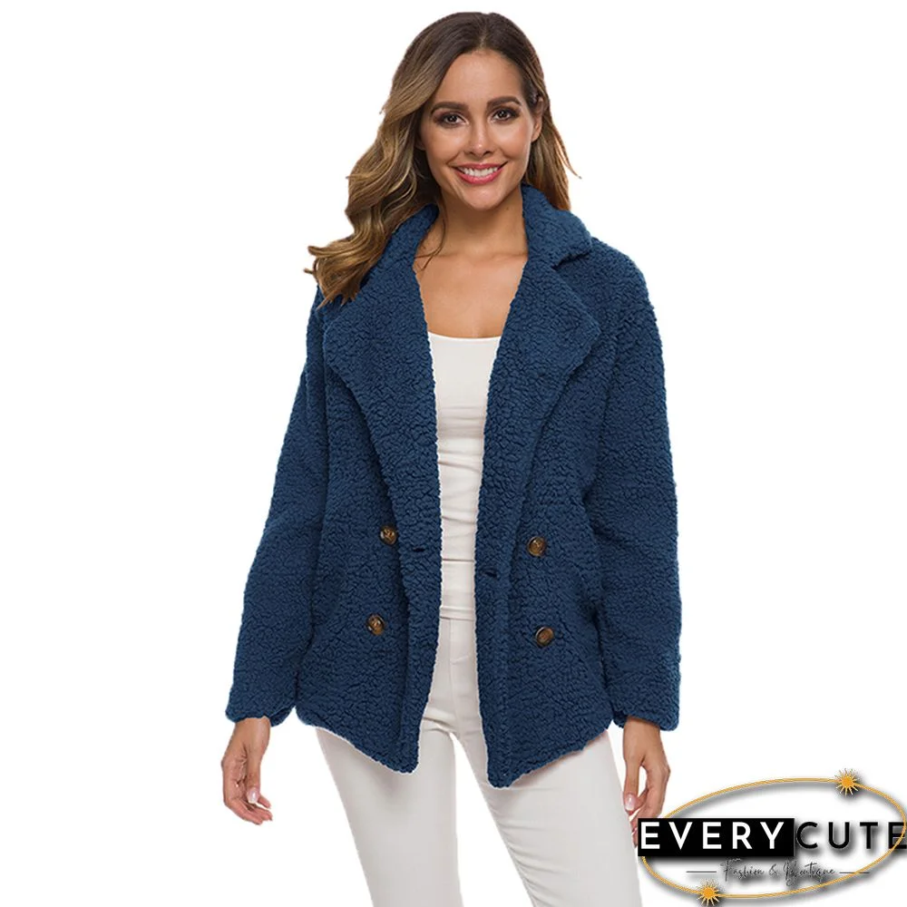 Navy Blue Turndown Collar Button Furry Coat