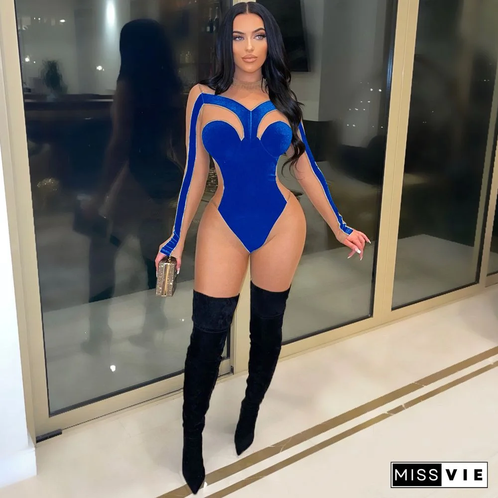 Sheer Mesh Patchwork Velvet Skinny Jumpsuit