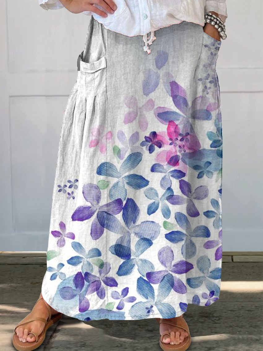 Gradient Floral Print Women's Linen Pocket Skirt