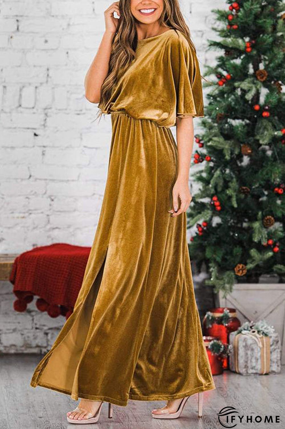Velvet Wlastic Waist Slit Maxi Dress | IFYHOME