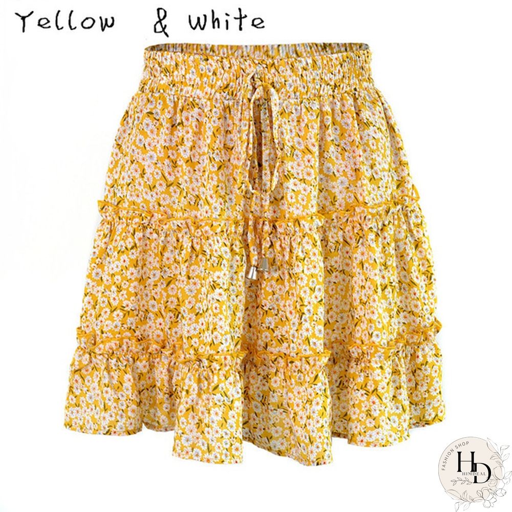 Women Fashion Casual Floral Short Skirts Summer High Waist Pleated Printed Beach Skirt