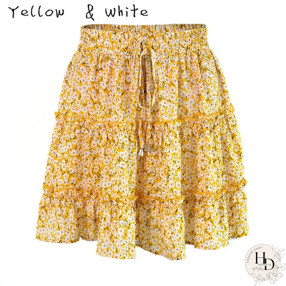 Women Fashion Casual Floral Short Skirts Summer High Waist Pleated Printed Beach Skirt