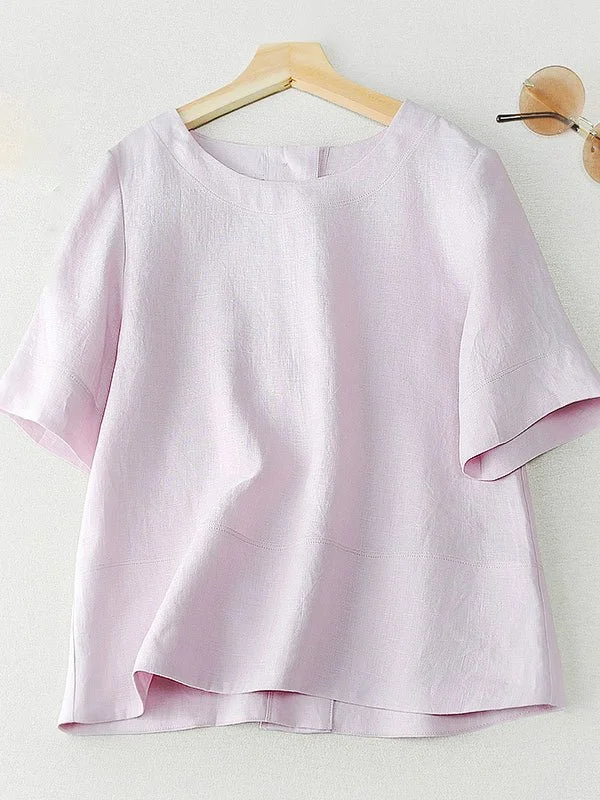 Solid Color V Neck Short Sleeve Casual Linen Shirt Top