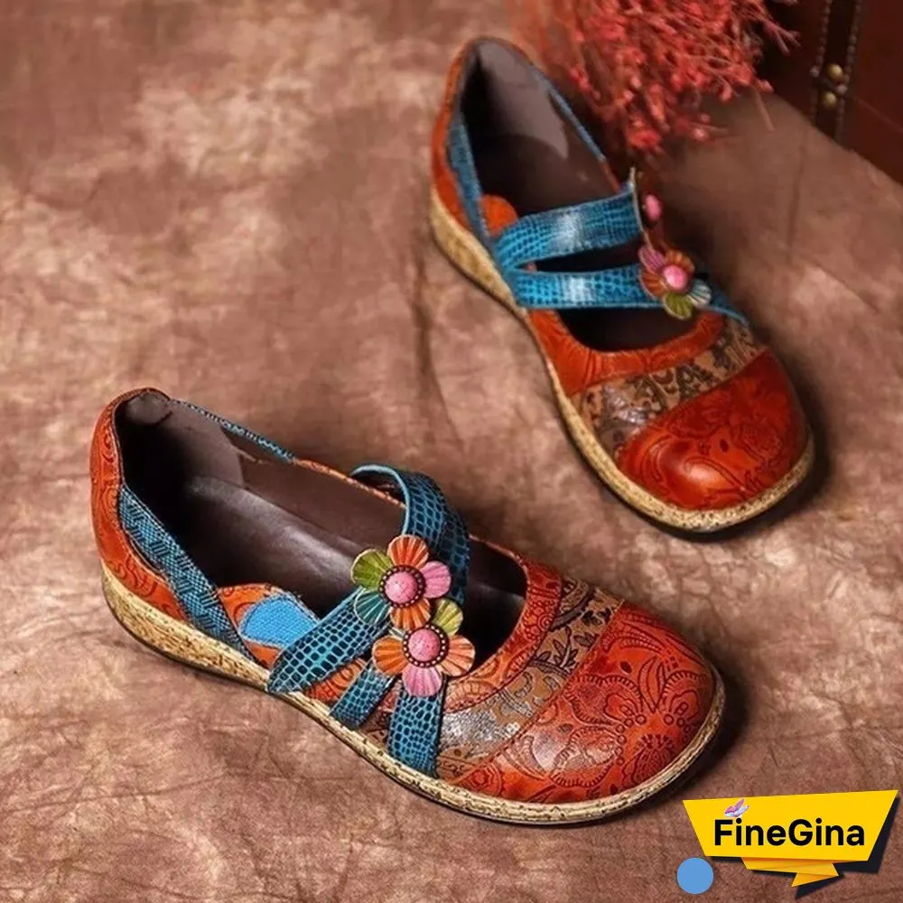 Vintage Floral Genuine Leather Splicing Colored Stitching Hook Loop Flat Shoes Spring Summer Casual Women Flat Shoes（2styles）