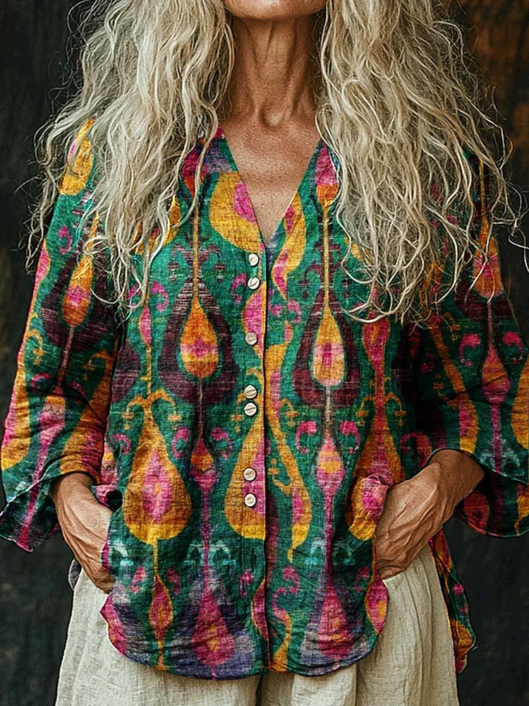 Women's Geometric Art Long Sleeve Comfortable Cotton and Linen Shirt