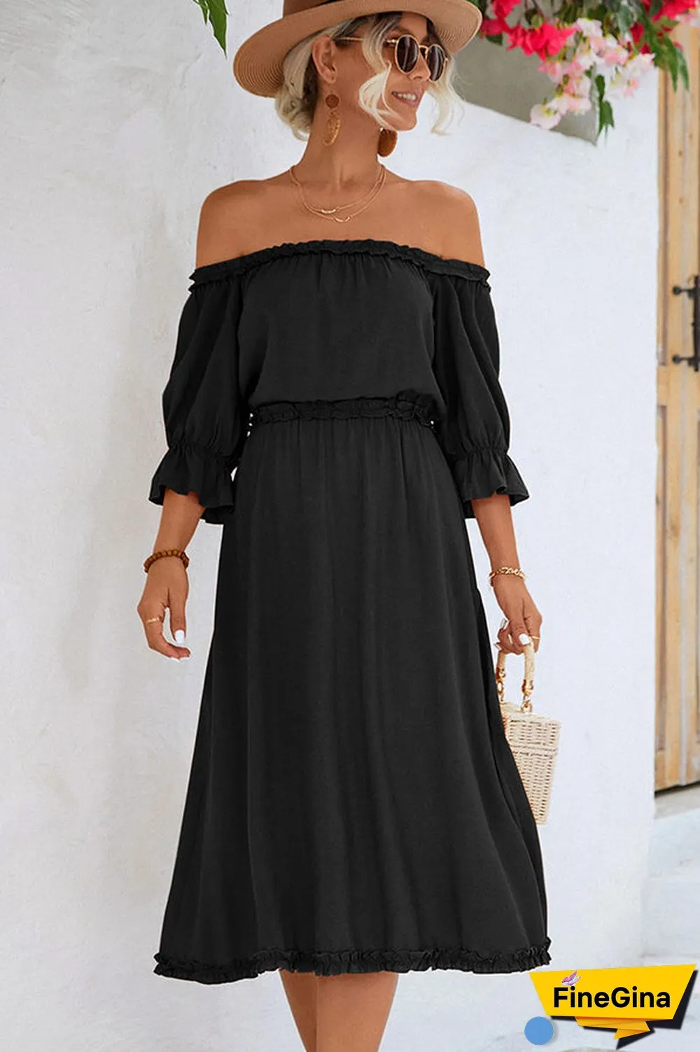 Solid Color Off The Shoulder Frill Casual Dress