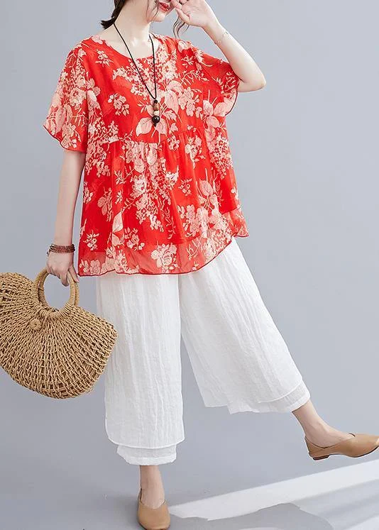 Summer red small floral cotton and linen top + wide-leg pants suit