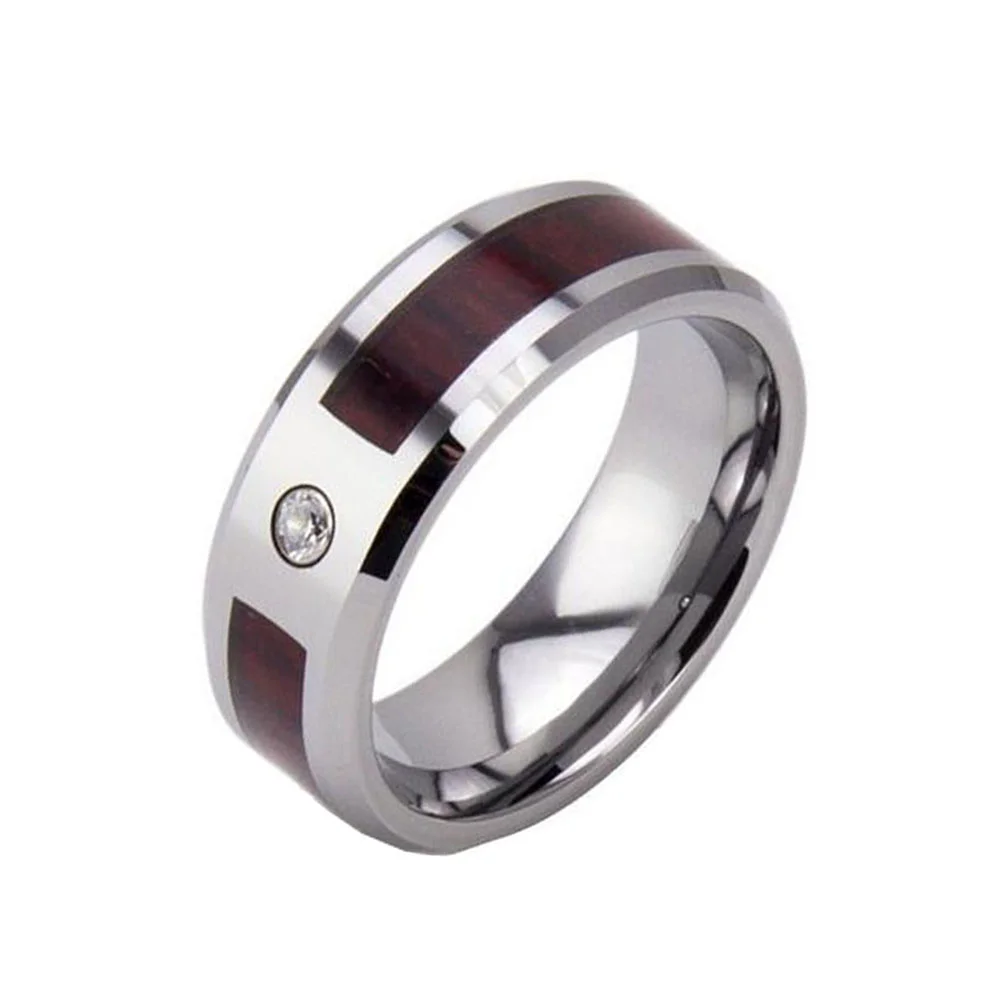 6MM 8MM Tungsten Carbide Zircon With Red Wood Inlay For Men Wedding Bands Comfort Fit