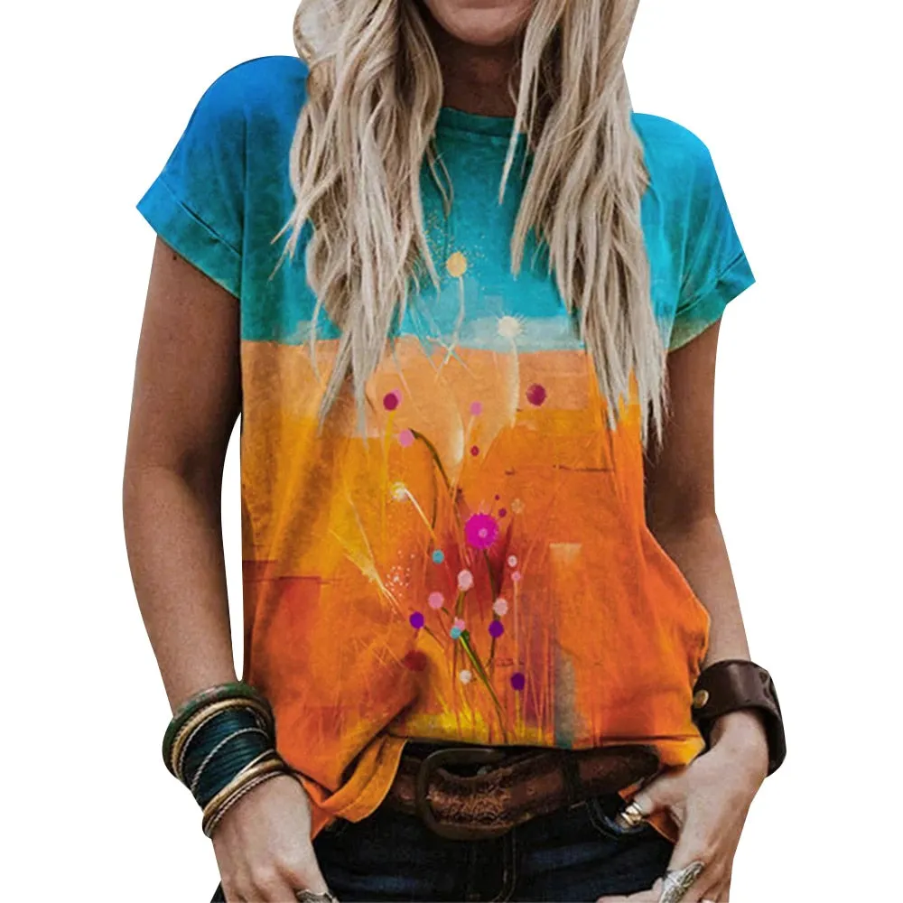 Women New Classic Style Print Summer T-shirt Retro Round Neck T-shirts Ladies Short Sleeve Loose Female Casual Tees 2021 D30