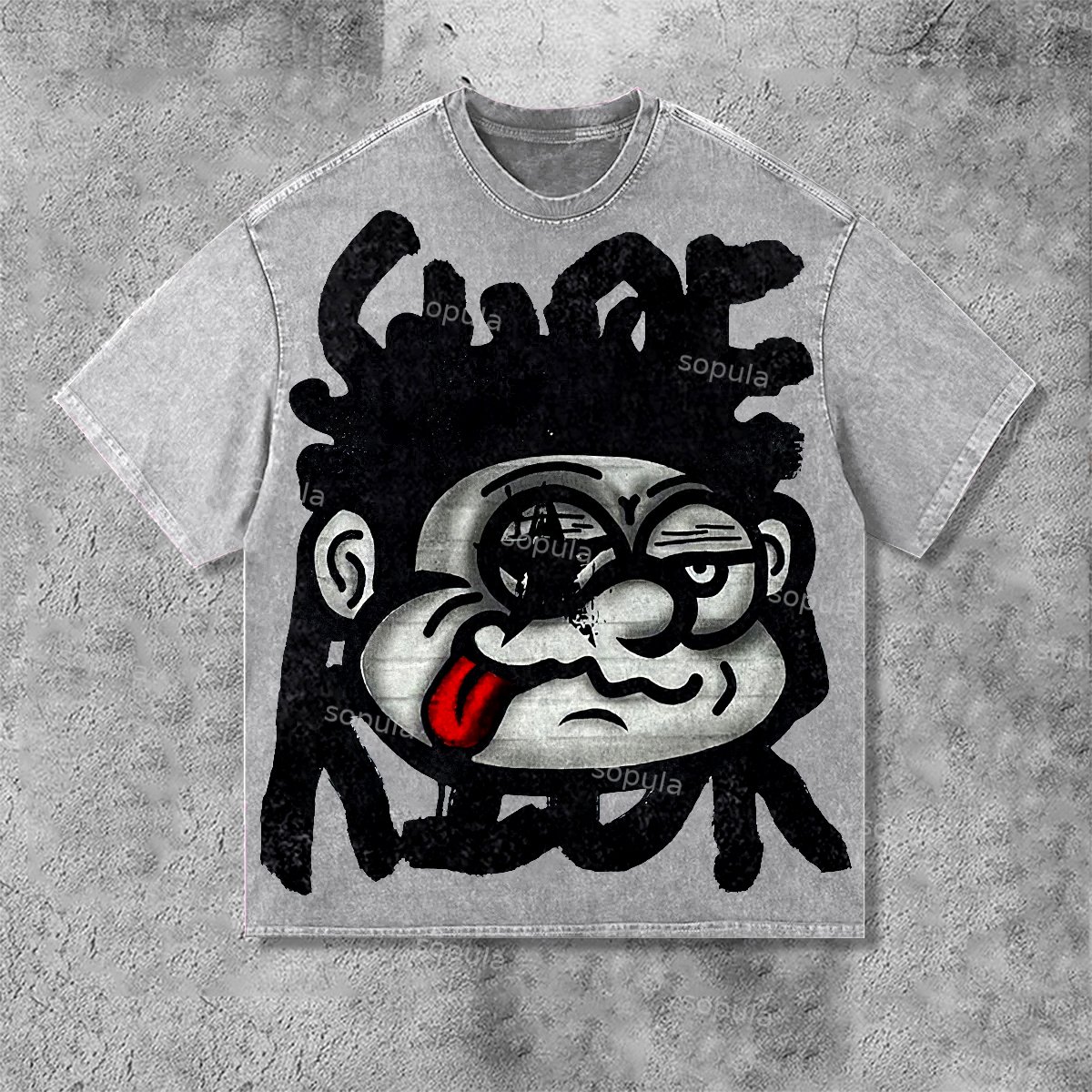 Sopula Vintage Big Face Graphic Distressed Acid Wash T-Shirt