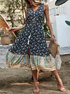 V-Neck Sleeveless Floral Print Split-Front Loose Midi Dress