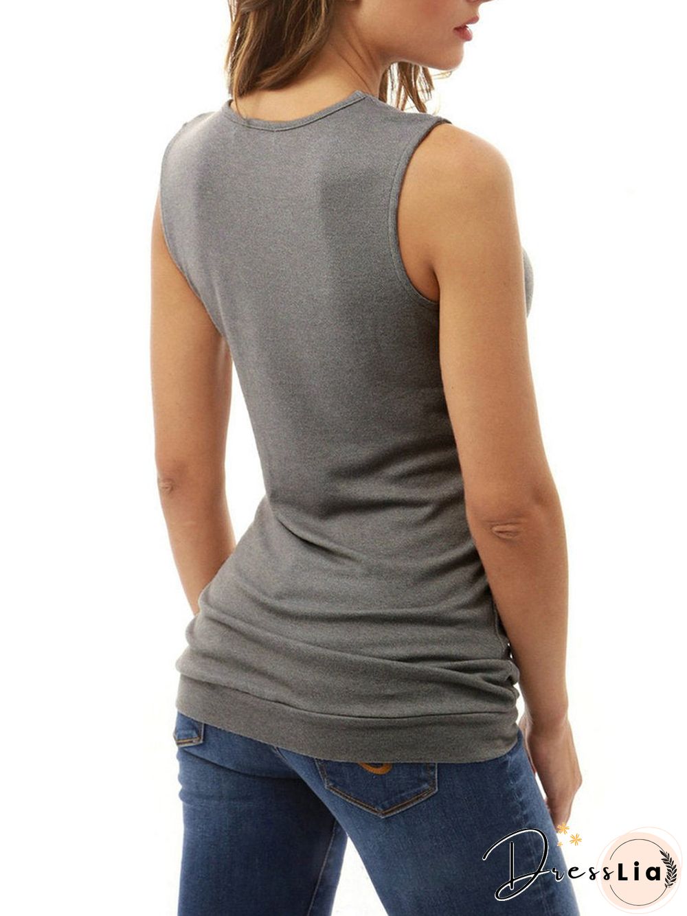 Round Neck Sleeveless Buttons Top T-Shirt