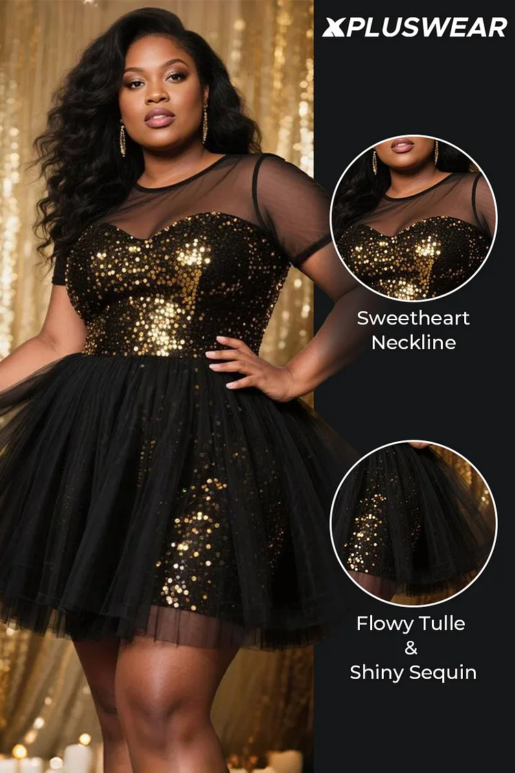 Xpluswear Design Plus Size Party Tulle Black Round Neck Short Sleeve See Through Vintage Sequin Mini Dresses [Pre-Order]