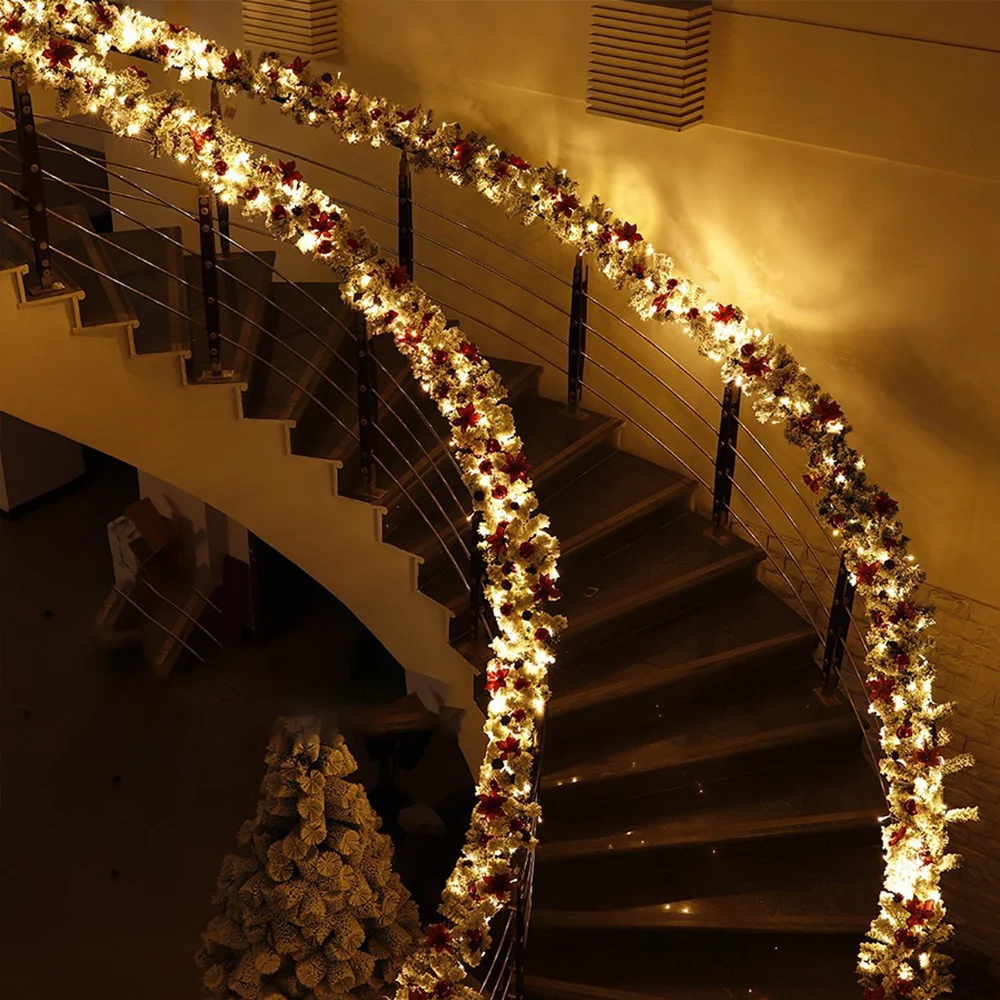Christmas flocked luminous rattan festive mall stair railing decoration