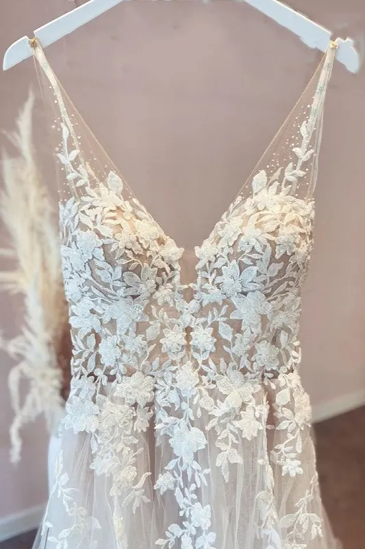 Beading A Line Tulle Spaghetti Straps Wedding Dress main image 1