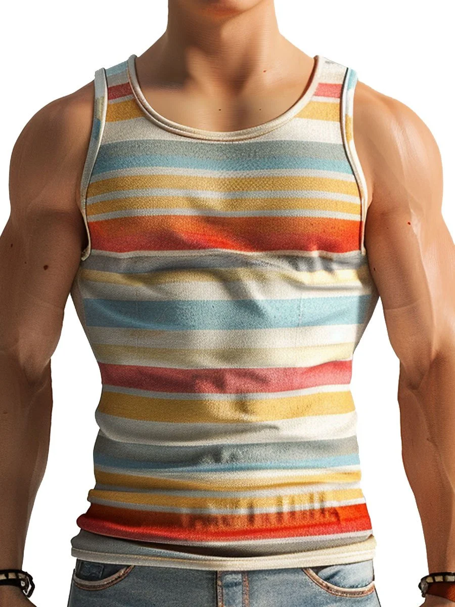 Men's Retro Rainbow Stripe Casual Crew Neck Tank Top
