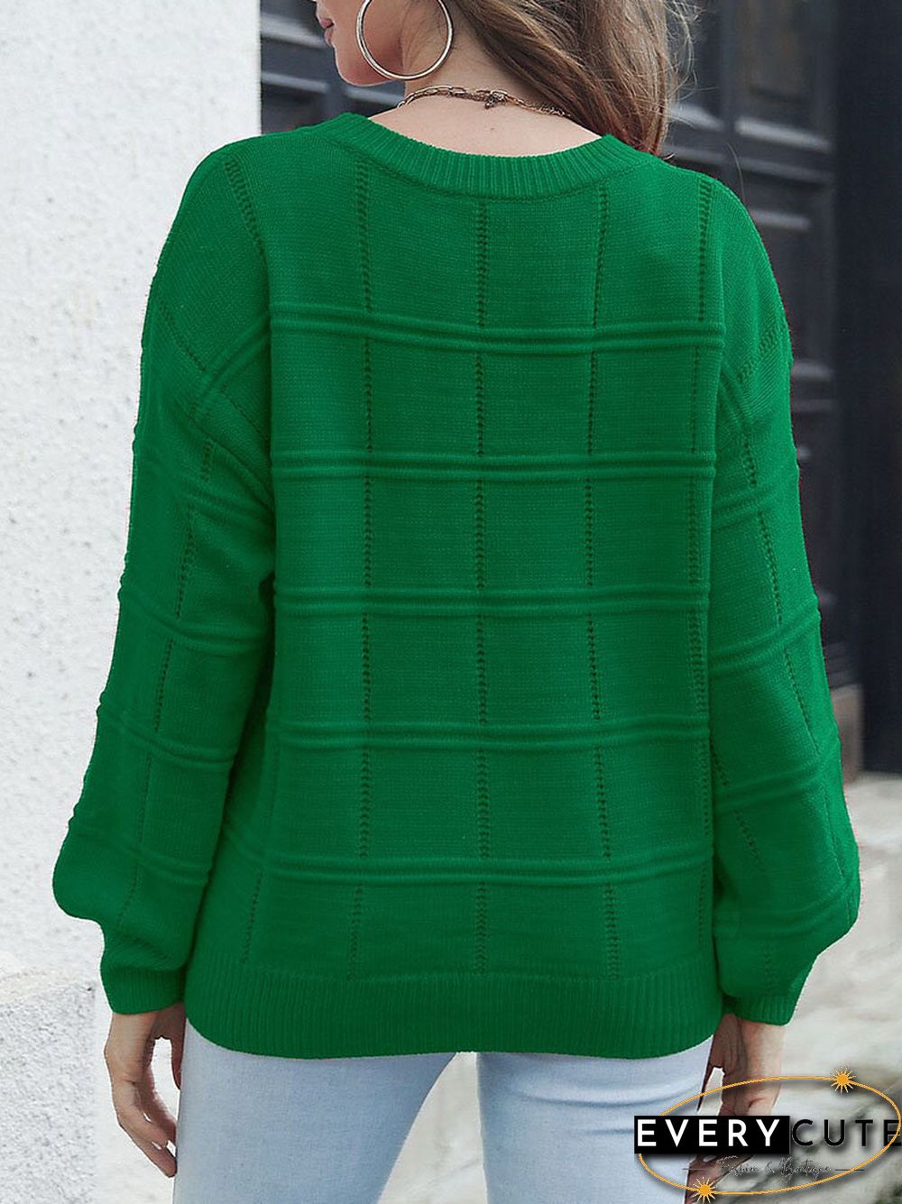 Check Pattern Long Sleeve Crew Neck Loose Sweater