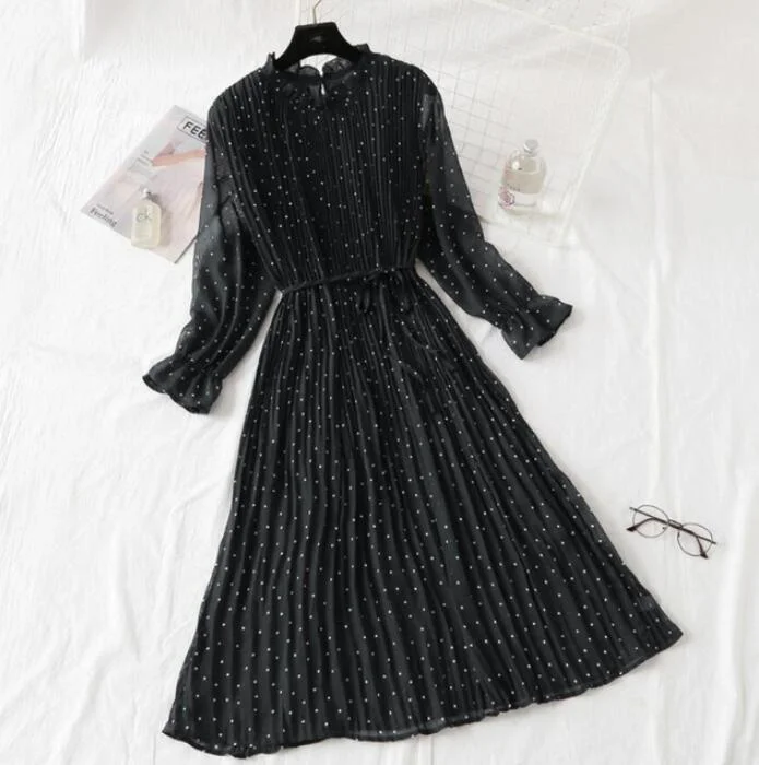 2020 Elegant Women Print Chiffon Dress Long sleeve Lotus leaf collar Pleated Dress Female Casual Midi Dresses vestidos mujer