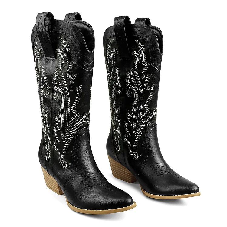 60mm Women Mid-calf Cowboy Boots Pointy Toe Boots Embroidered Western Cowgirl Boots Chunky Heels VOCOSI VOCOSI