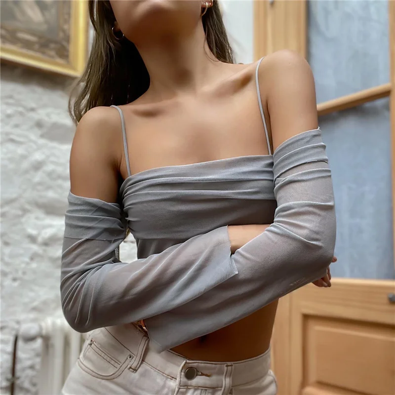 Uveng Uveng Spring 2023 Women's Fashion Sexy One-Line Collar Sling Perspective Mesh Long Sleeve Top
