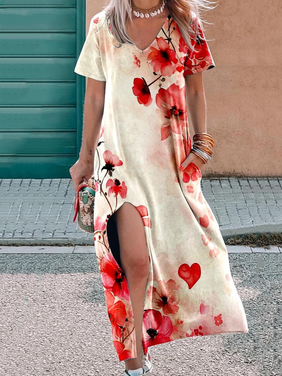 Women's Floral Art Print V-Neck Casual Maxi Dress