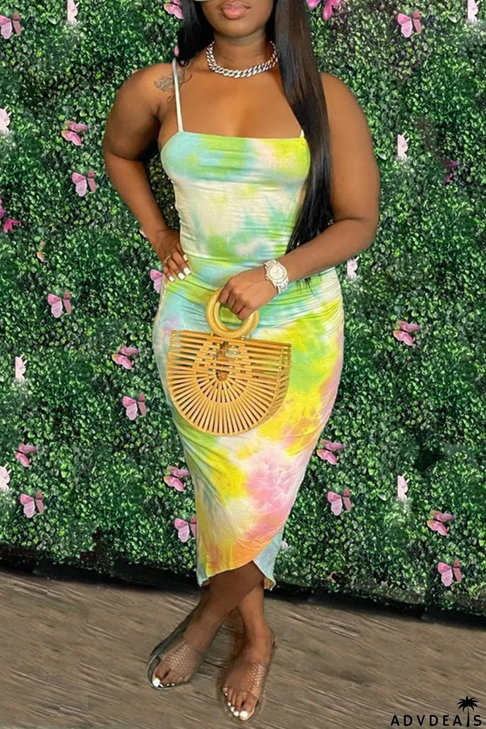 Multicolor Fashion Sexy Print Tie Dye Backless Spaghetti Strap Irregular Dress