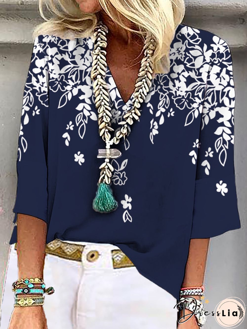 Casual Floral Three Quarter V Neck Plus Size Printed Tops