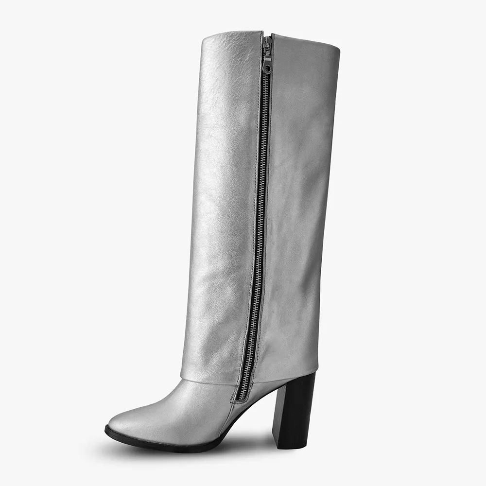 Women's Silver Closed Toe Chunky Heel Knee High Fold Over Boots
