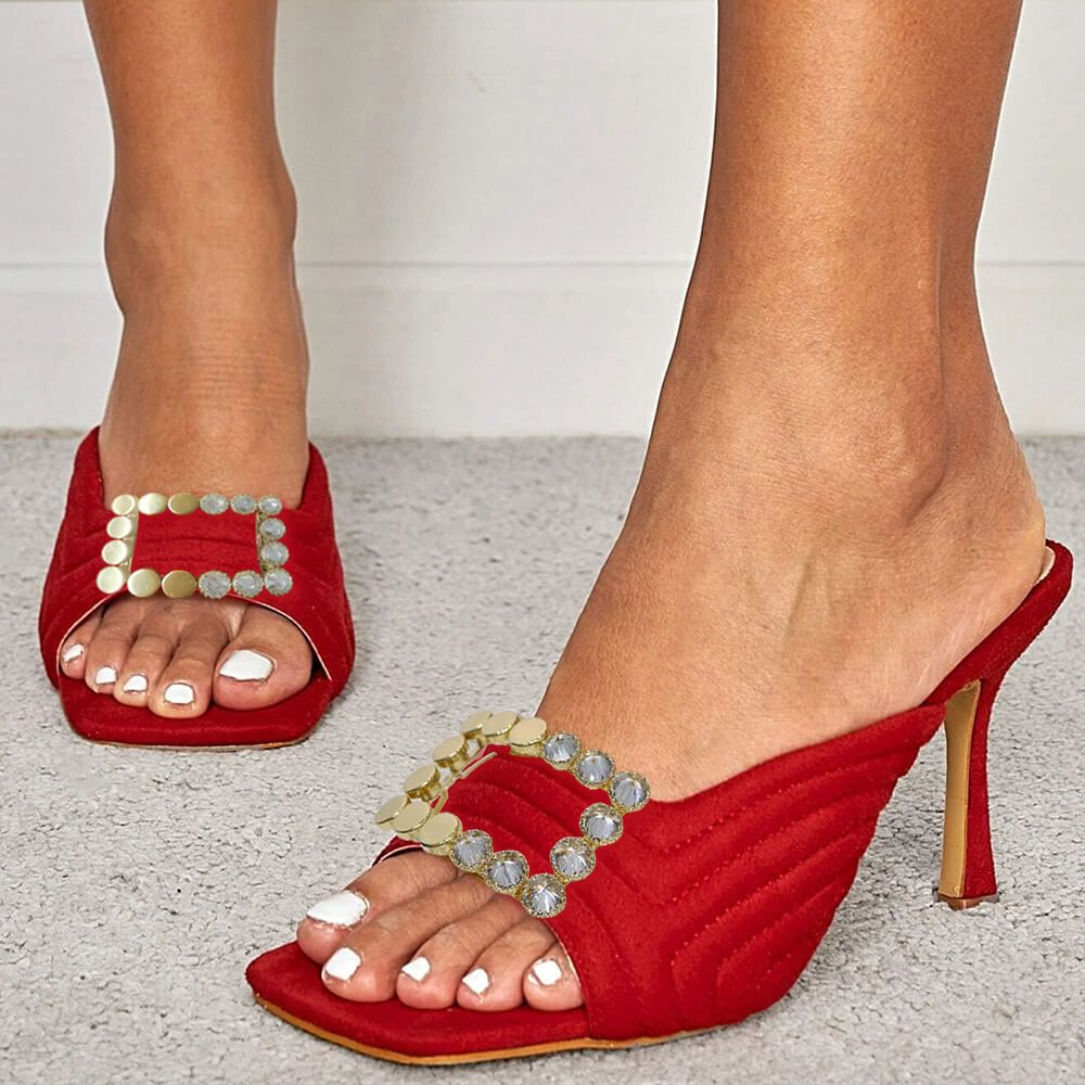 Red Square Toe Quilted Rhinestone Accent Heeled Mules for Women Nicepairs