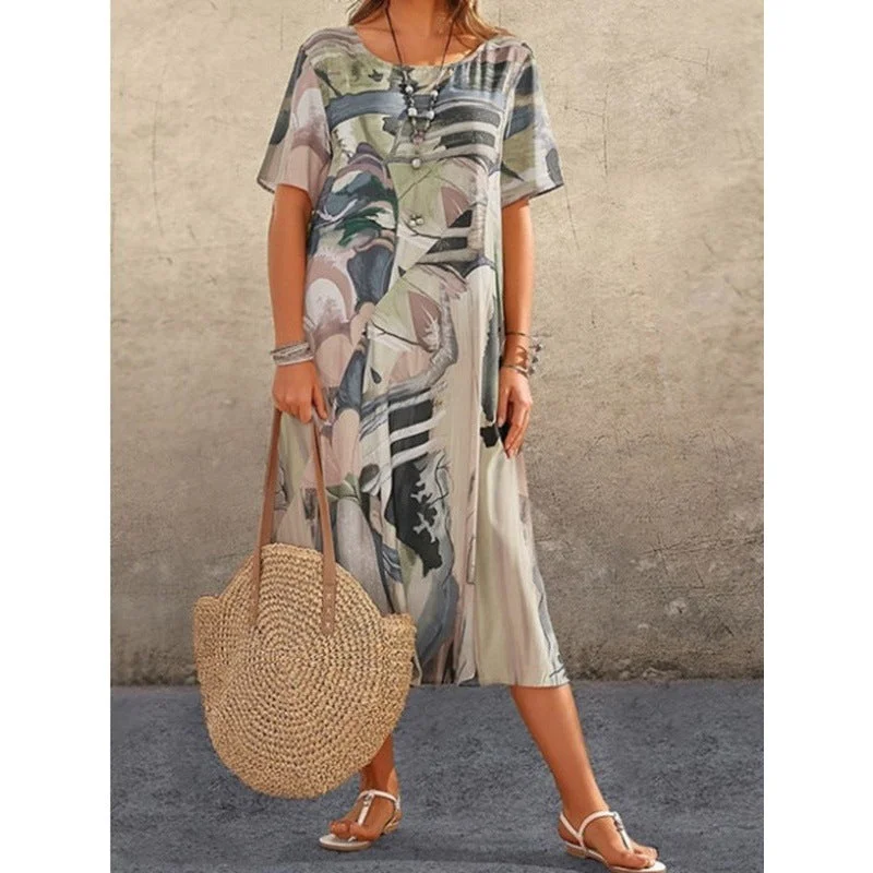 Uveng Summer Sleeve Loose Round Neck Dresses