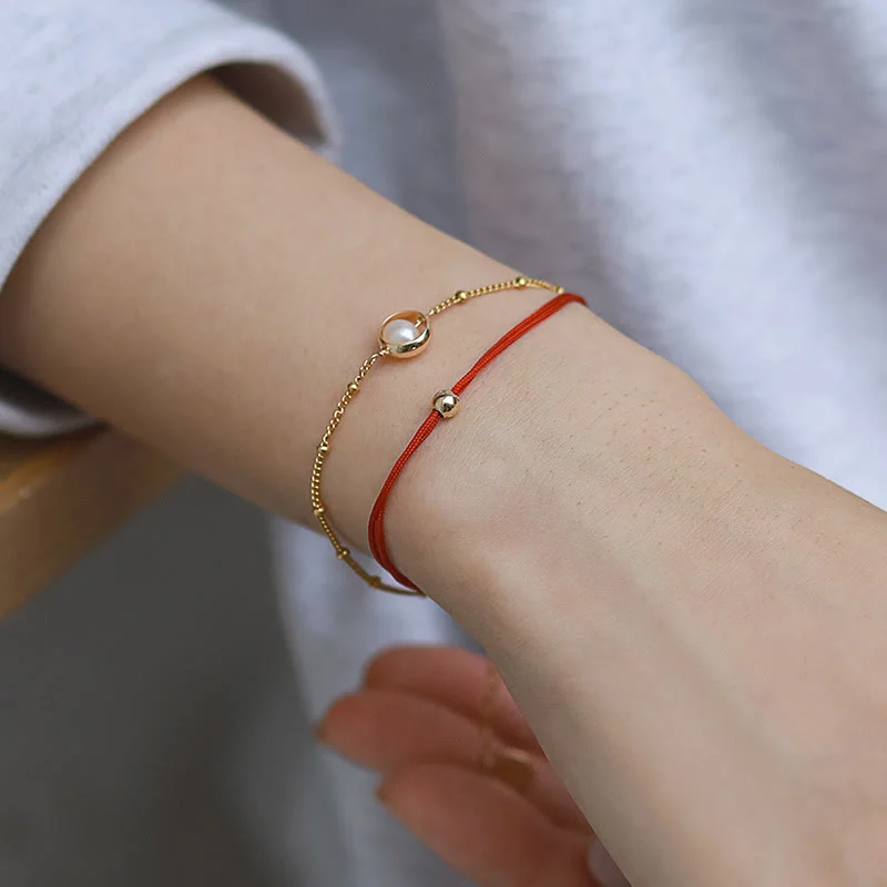 Luck Red String 14K Gold Plated Pearl Bead Double Layer Bracelet