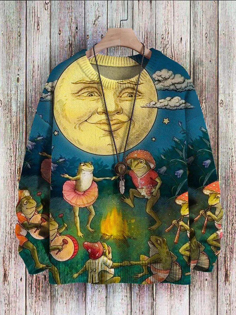Funny Frog Dance Music Moon Art Print Knit Casual Sweatshirt