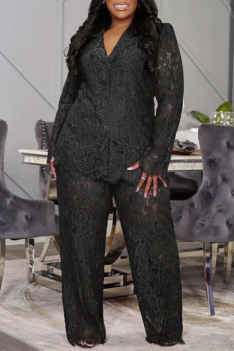 Plus Size Formal White Lapel Collar Long Sleeve See Through Lace Two Piece Pant Suits 2024 - Xpluswear