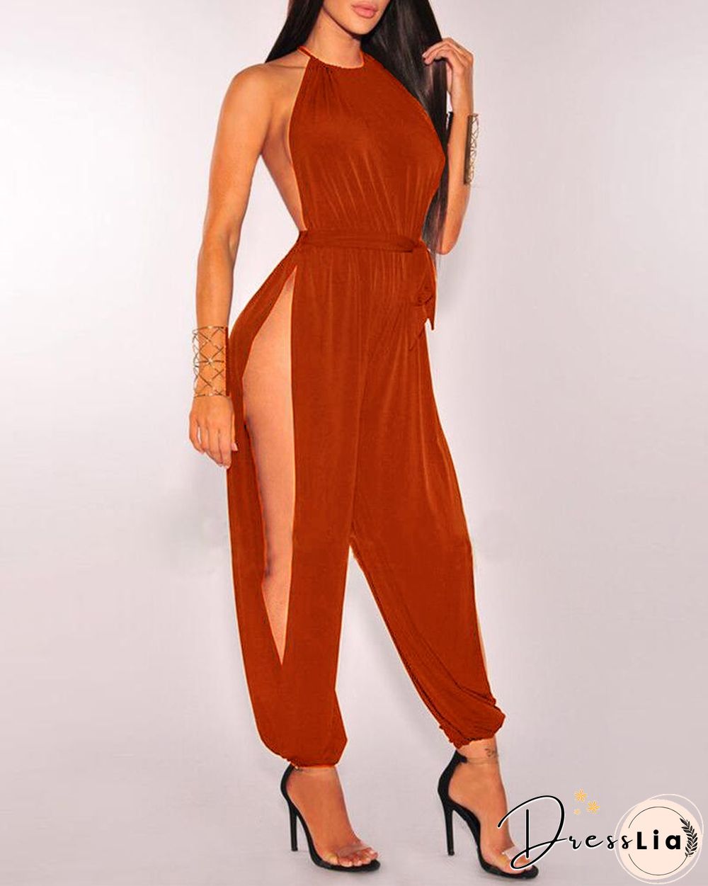 Sleeveless Ruched Slit Jumpsuit