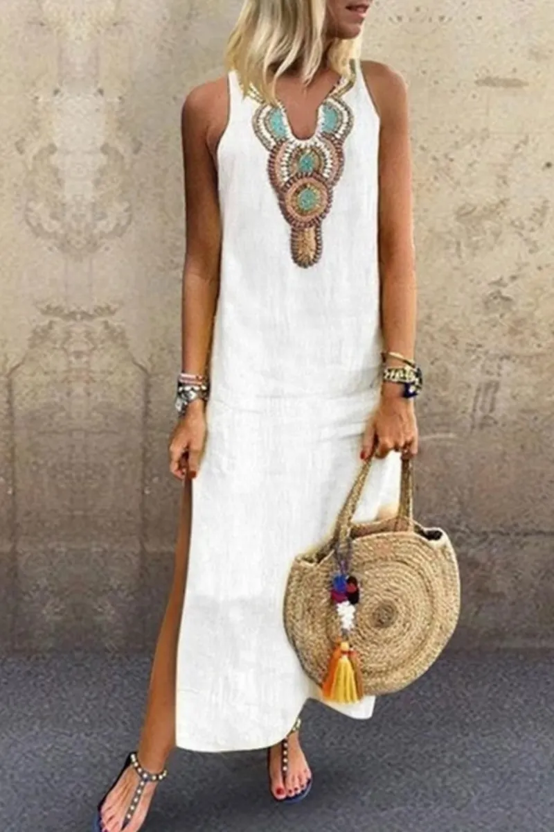 Casual Print Slit V Neck A Line Dresses(7 Colors)