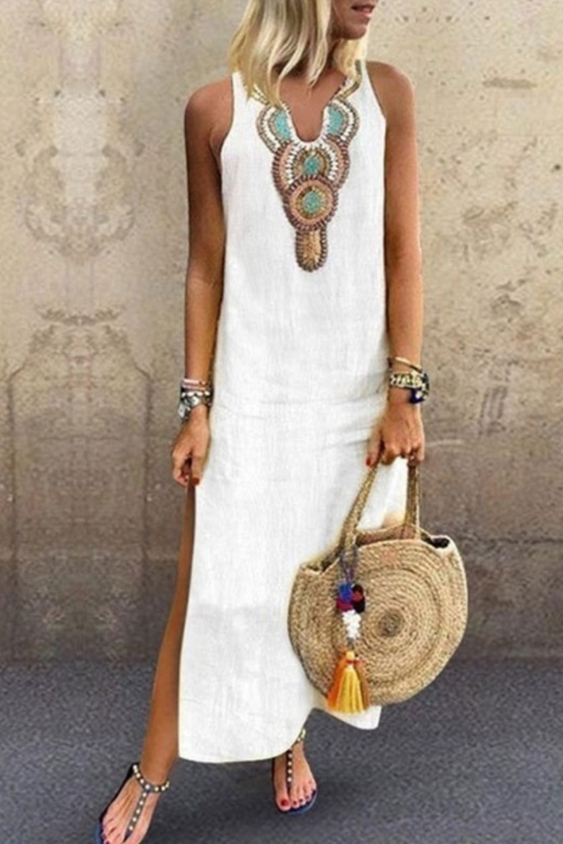 Casual Print Slit V Neck A Line Dresses(7 Colors)